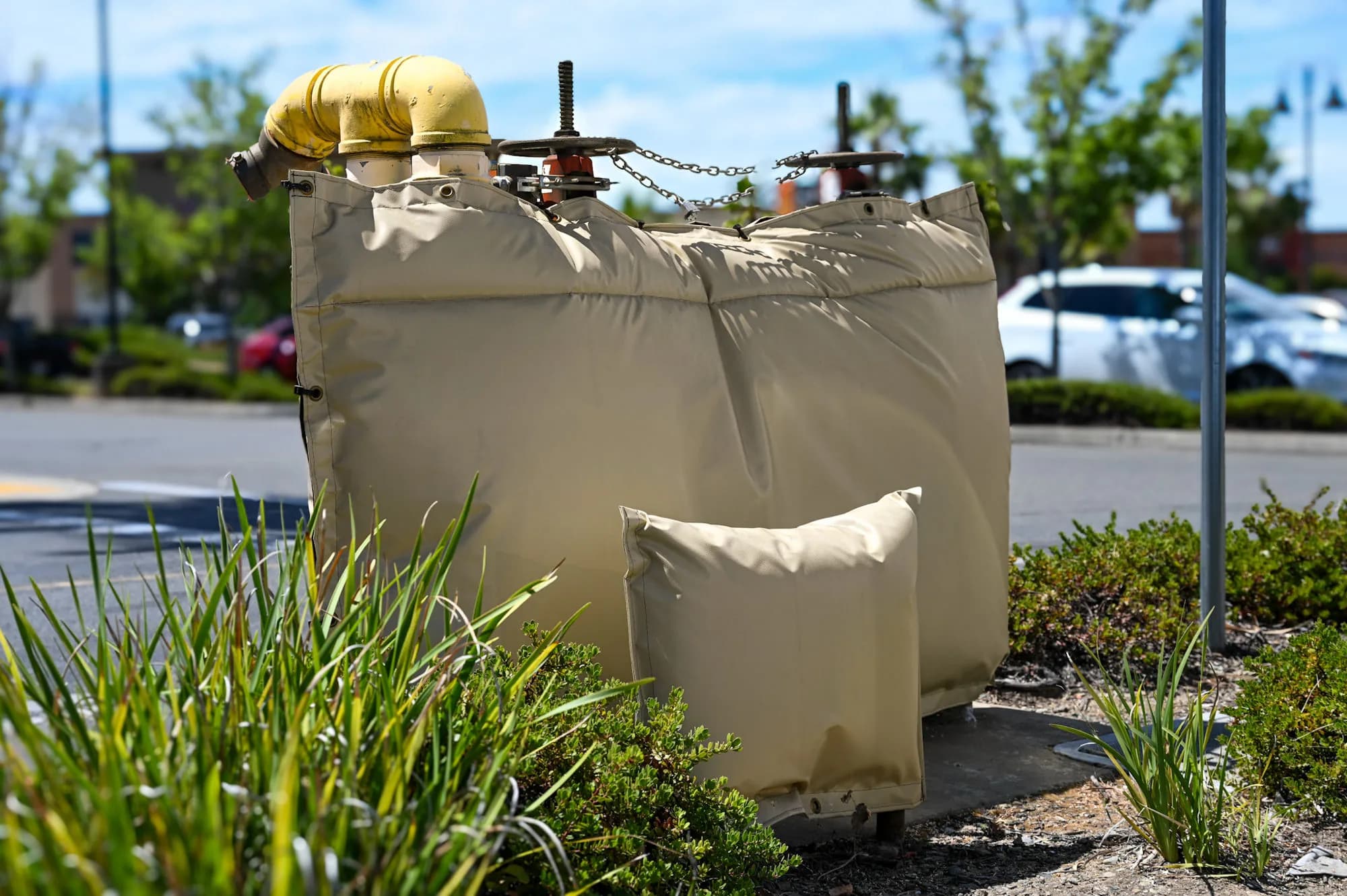 Tan insulated backflow cover in a retail parking-lot island, fitted around the assembly with the yellow fire department connection riser left clear.