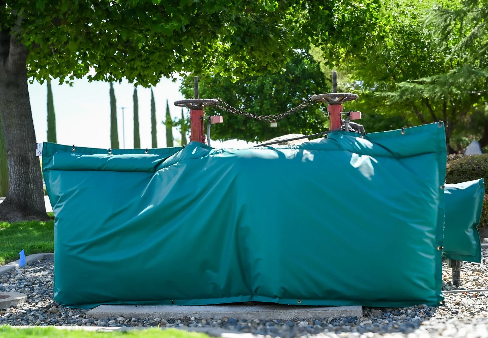 Large green insulated backflow cover wrapped around a wide double-check detector assembly, with the red valve stems and chain left above the cover for testing.